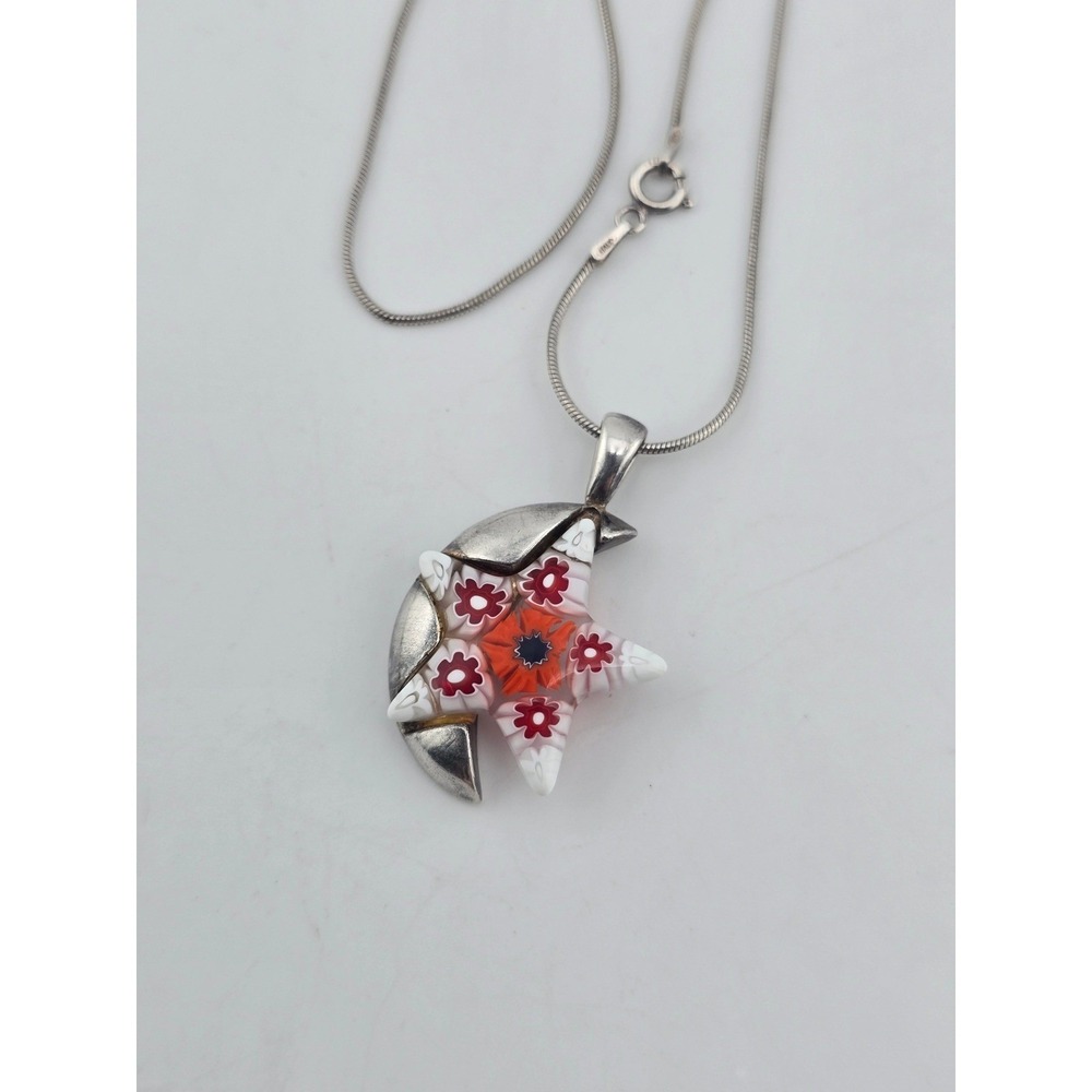 Vintage Venetian Millefiori Sterling Italy Star & Moon Pendant Necklace
